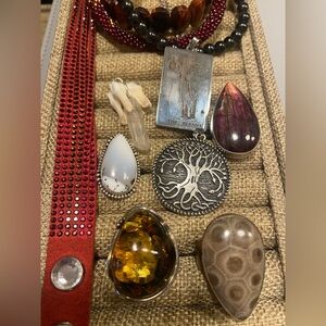 Estate lot swarovski slake bracelet baltic amber petoskey stone ring real tooth